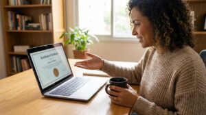 Mulher brasileira usando laptop que mostra um certificado digital com selo oficial sem texto, em um ambiente de estudo em casa, com expressão confiante