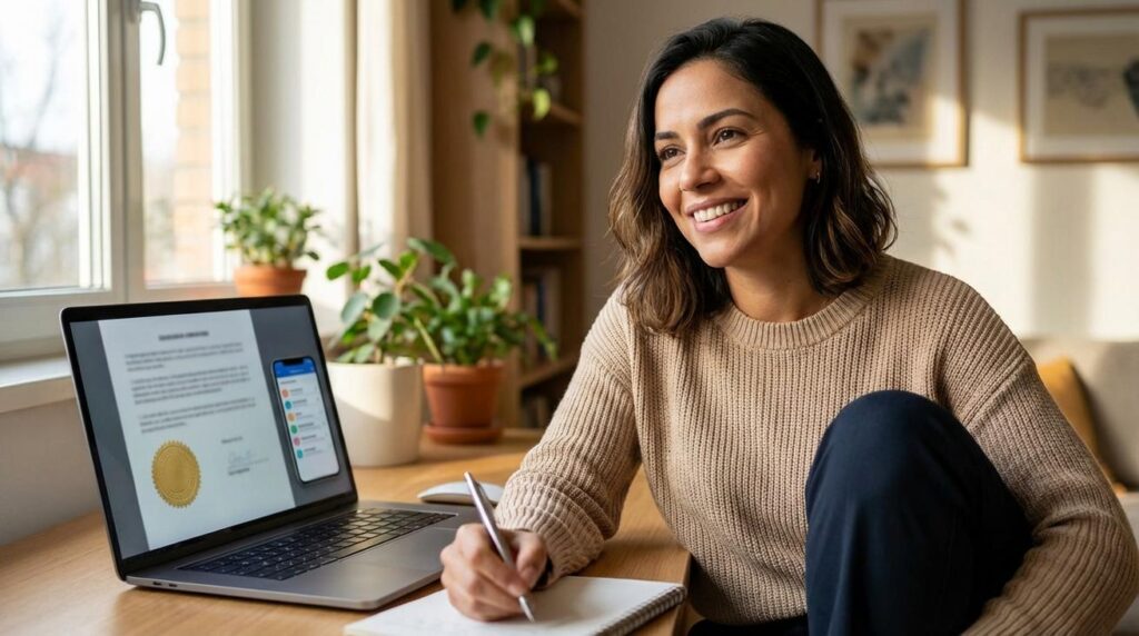 Mulher brasileira sorrindo em mesa de estudo com laptop mostrando um certificado digital borrado e celular com lista de cursos