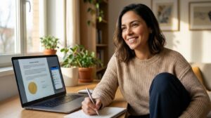 Mulher brasileira sorrindo em mesa de estudo com laptop mostrando um certificado digital borrado e celular com lista de cursos