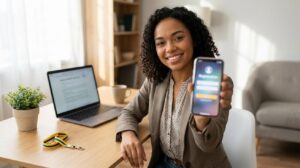 Mulher jovem brasileira sorrindo segurando celular com tela de cadastro borrada e laptop ao fundo simulando inscrição no CIEE