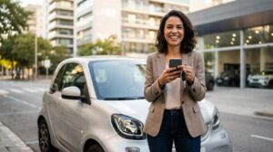 Mulher brasileira sorrindo com celular e chave ao lado de um carro moderno em rua urbana, mostrando facilidade para comprar carro sem entrada