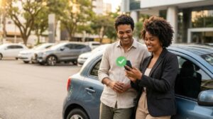 Homem e mulher sorrindo ao lado de um carro novo enquanto verificam contratação online no celular sem entrada