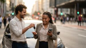 Homem e mulher brasileiros sorrindo e trocando chaves em frente a um carro urbano enquanto seguram um celular com a tela desfocada