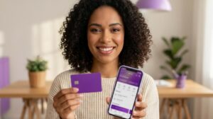 Mulher brasileira segurando um cartão roxo semelhante ao Nubank e um celular com o app, sorrindo e mostrando economia com anuidade zero