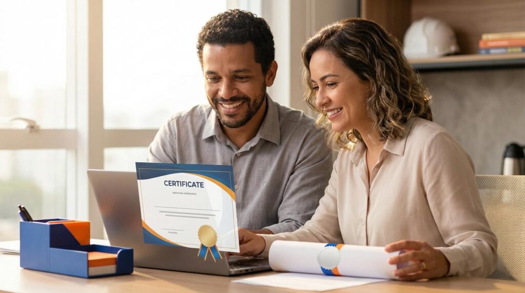 Homem e mulher brasileiros conferem um certificado digital no laptop e seguram um certificado impresso em um escritório moderno