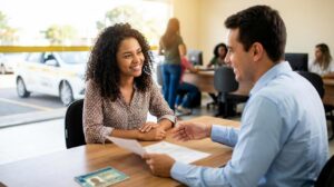 Mulher adulta sendo atendida por um instrutor do Detran enquanto recebe informações sobre a CNH social