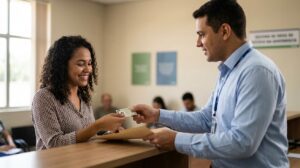 Mulher jovem recebe documento de habilitação das mãos de um atendente homem em balcão de serviço público