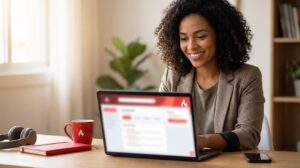 Mulher brasileira sorrindo diante de um laptop com interface do Santander Open Academy em tons vermelhos, preparada para se inscrever em curso gratuito