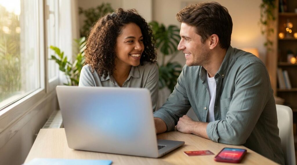 Uma mulher e um homem brasileiros olhando para um laptop com curso online e um cartão vermelho com a marca Santander desfocado ao lado