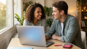 Uma mulher e um homem brasileiros olhando para um laptop com curso online e um cartão vermelho com a marca Santander desfocado ao lado