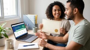 Mulher e homem em ambiente de estudo com laptop e certificado impresso representando cursos gratuitos da Escola Virtual Gov