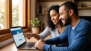 Homem e mulher brasileiros olhando para um laptop com a página de cursos gratuitos da FGV borrada, ambos sorrindo prontos para estudar online