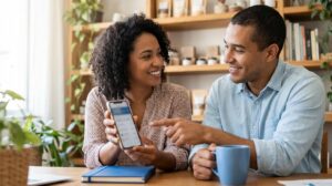 Mulher empreendedora brasileira e um homem consultor ao lado olhando um curso no celular, ambos sorrindo em um pequeno negócio