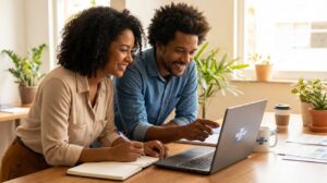 Mulher e homem brasileiros estudando um curso online do Sebrae no computador e anotando ideias para melhorar a gestão da empresa