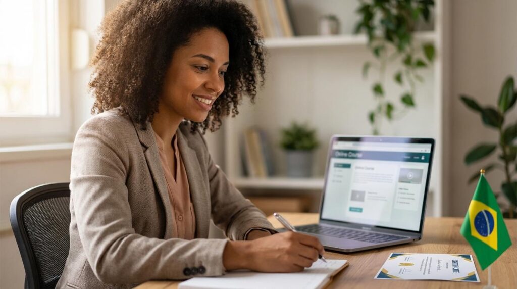 Mulher brasileira estudando em casa diante de um laptop com interface de curso online borrada, certificado ao lado e pequena bandeira do Brasil na mesa