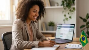 Mulher brasileira estudando em casa diante de um laptop com interface de curso online borrada, certificado ao lado e pequena bandeira do Brasil na mesa