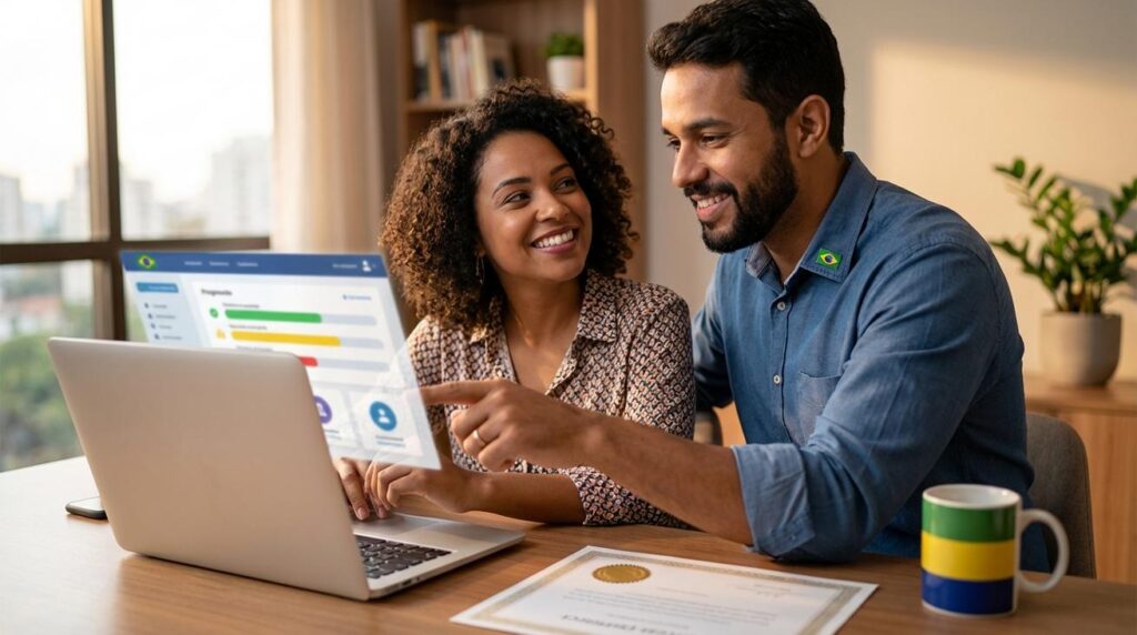 Mulher brasileira usando laptop para se inscrever na Escola Virtual Gov Br, homem ao lado e certificado oficial na mesa