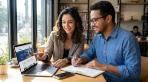 Mulher brasileira e homem brasileiro estudando juntos com laptop mostrando o site da FGV enquanto se inscrevem em curso gratuito, com caderno e caneta na mesa