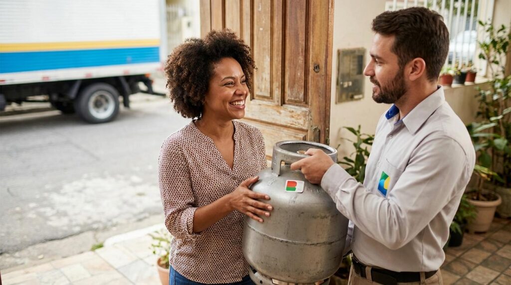 Mulher brasileira recebendo um botijão de gás de um entregador homem com uniforme do programa Gás do Povo em frente à casa, ambos sorrindo, luz natural