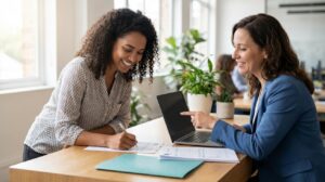 Uma jovem mulher brasileira atendida por uma orientadora em escritório do CIEE, com laptop e pastas azuis, sorrindo enquanto faz o cadastro