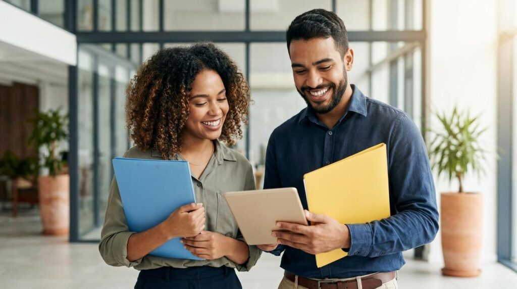 Jovem mulher e jovem homem brasileiros sorrindo em um balcão de orientação profissional com pastas nas cores do CIEE sem textos visíveis