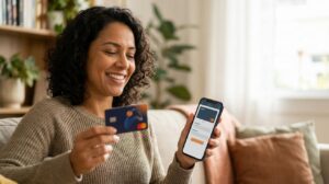 Mulher brasileira sorrindo segura um cartão Novucard enquanto usa o celular mostrando facilidade para pedir o cartão online