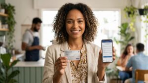 Mulher brasileira segurando um cartão Novucard Visa com números desfocados e um smartphone mostrando a solicitação online