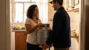 Mulher adulta recebendo um botijão de gás cheio de um entregador homem na porta da cozinha mostrando entrega segura do Gás do Povo