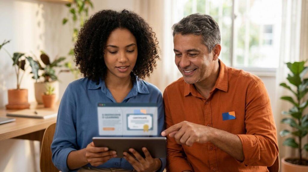 Uma mulher e um homem brasileiros sorrindo em um ambiente de estudo enquanto mostram um tablet com curso online do SESI e certificado digital desfocado