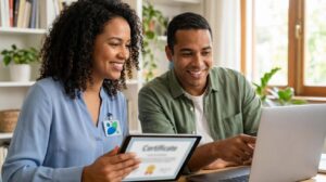 Mulher e homem brasileiros em casa estudando online, mulher segura tablet com certificado digital e homem usa notebook em ambiente claro e profissional