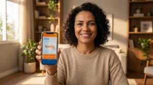 Mulher brasileira sorrindo usando celular com o app do banco Bmg em casa mostrando facilidade para pedir empréstimo consignado
