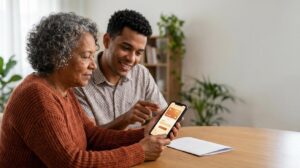 Mulher idosa e um atendente homem com feições brasileiras, ela segura um celular e ele mostra como fazer a simulação do empréstimo consignado BMG em ambiente claro