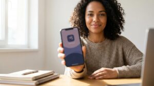 Mulher brasileira segurando celular com a tela do app Creditas desfocada, sorrindo e demonstrando confiança ao solicitar um empréstimo