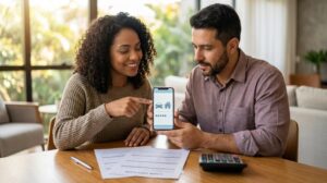 Homem e mulher brasileiros em mesa com smartphone e documentos analisando pedido de empréstimo com garantia