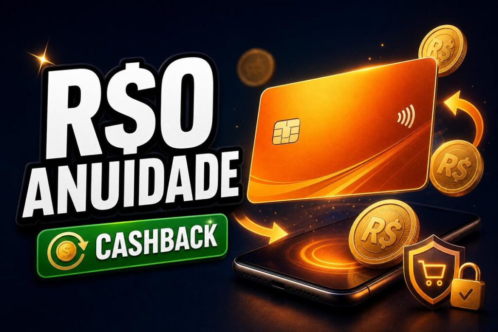 Imagem promocional de cartão com destaque para R$0 de anuidade, cashback, moedas em reais, celular e ícones de segurança.