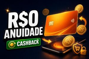 Imagem promocional de cartão com destaque para R$0 de anuidade, cashback, moedas em reais, celular e ícones de segurança.