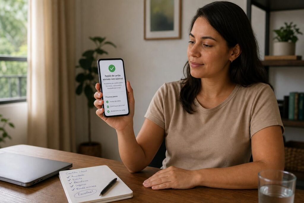 Mulher em casa segura um celular com a confirmação de pedido de cartão aprovado, ao lado de um notebook e um bloco de anotações sobre a mesa.