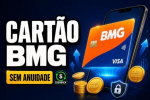 Imagem promocional do cartão BMG em um celular, com destaque para sem anuidade, cashback, ícones de moedas, segurança e marca Visa.