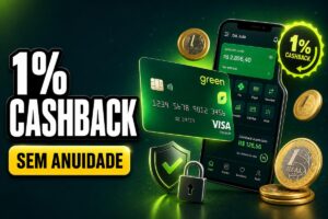 Imagem promocional de um cartão de crédito verde com 1% de cashback sem anuidade, exibido ao lado de um smartphone com aplicativo bancário e moedas de real.
