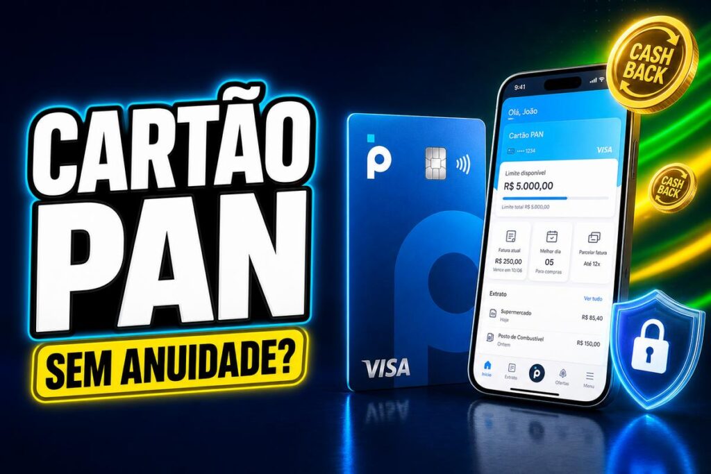 Imagem promocional de um Cartão PAN com a frase 'Sem anuidade?' e elementos visuais de cashback, aplicativo no celular, cartão azul e ícone de segurança.