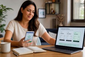 Mulher sentada à mesa em casa segurando um celular e olhando para um laptop com comparação de ofertas financeiras na tela.