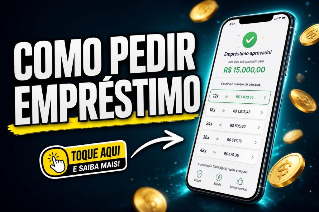 Imagem promocional com o texto 'Como pedir empréstimo', um celular exibindo empréstimo aprovado de R$ 15.000,00, opções de parcelas e moedas de criptomoeda ao redor, com chamada para tocar e saber mais.