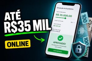 Imagem promocional de empréstimo online com destaque para aprovação de até R$35 mil, mostrando um celular com simulação de crédito, valores em reais, selo de aprovado e cédulas ao fundo.