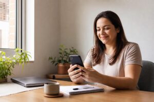 Mulher sorrindo enquanto usa o celular sentada à mesa em um ambiente doméstico, com notebook, caderno, caneca e plantas ao lado.