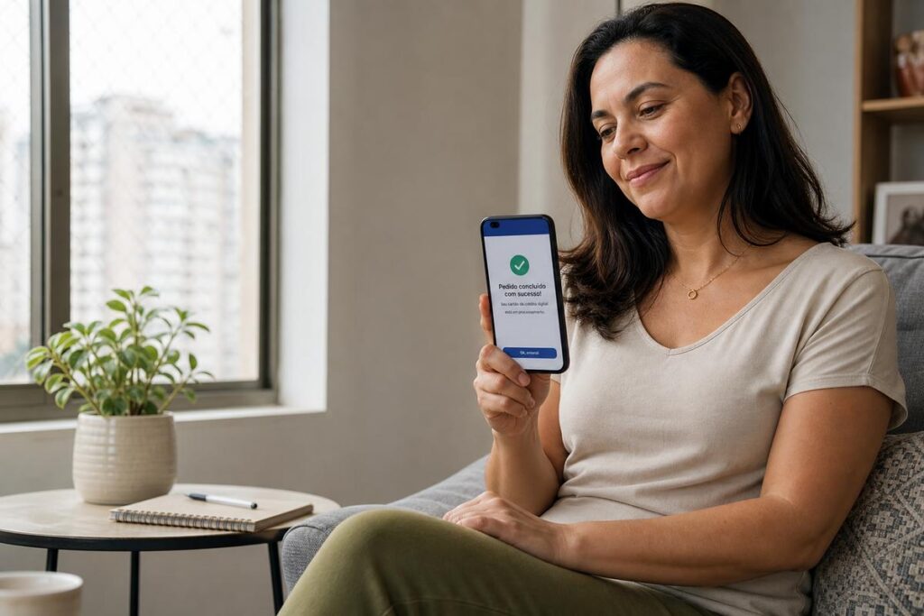 Mulher sentada em casa segurando um celular com a mensagem de pedido concluído com sucesso na tela.