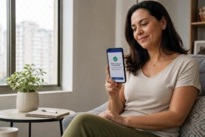 Mulher sentada em casa segurando um celular com a mensagem de pedido concluído com sucesso na tela.