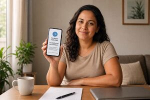 Mulher sorrindo em casa, segurando um celular com a mensagem 'Simulação concluída! Sua análise está em andamento', sentada à mesa com café, caneta e notebook.