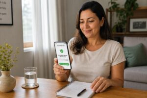 Mulher sorrindo segura um celular com a mensagem de solicitação de cartão aprovada enquanto está sentada à mesa com caderno e caneta em casa.