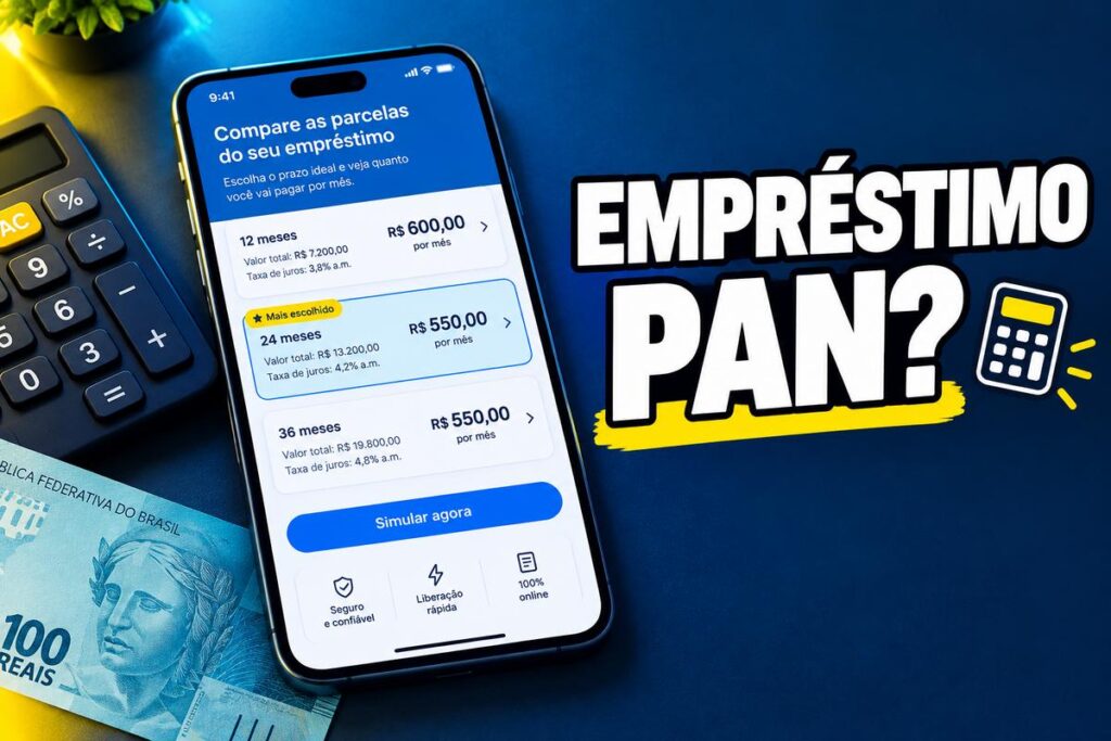 Celular exibindo simulação de empréstimo com comparação de parcelas, ao lado de calculadora e cédula de 100 reais, com o texto "EMPRÉSTIMO PAN?".